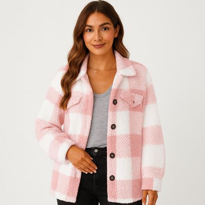 Karierte Jacke – Warme kurze Fleecejacke mit Knöpfen für Damen für den Winter