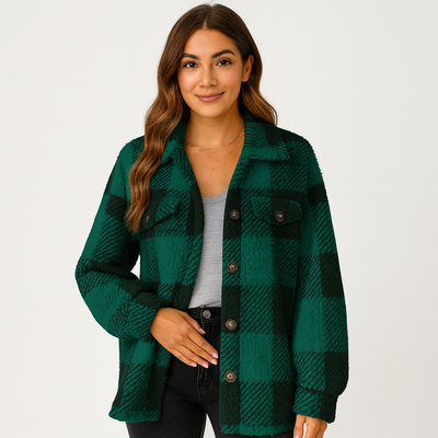 Karierte Jacke – Warme kurze Fleecejacke mit Knöpfen für Damen für den Winter
