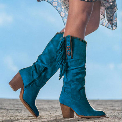 Cowgirl Stiefel - Blockabsatz - Mittlere Wade - Cowboystiefel - Damenstiefel-Fashion Peak-Türkis-34-Fashion Peak