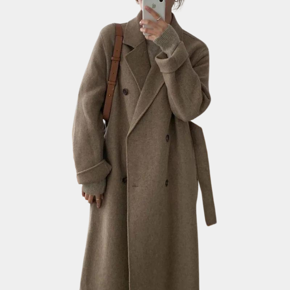 Langer Wollmantel – Zweireiher – Gürtel – Oversized-Trenchcoat – Damen-Wollmantel