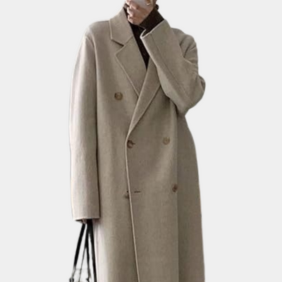 Langer Wollmantel – Zweireiher – Gürtel – Oversized-Trenchcoat – Damen-Wollmantel