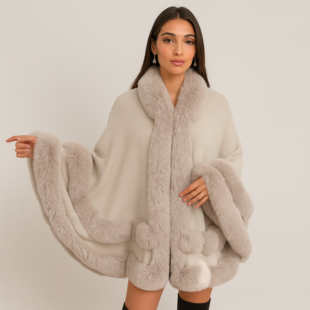 Pelzbesetzter Poncho | Kunstpelz | Poncho | Pelzschal | Damenumhang