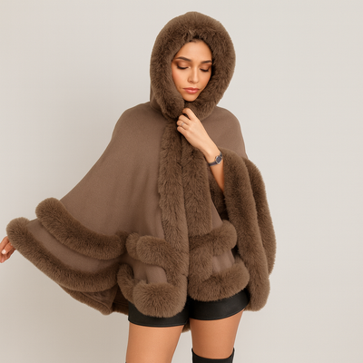 Pelzbesetzter Poncho | Kunstpelz | Poncho | Pelzschal | Damenumhang
