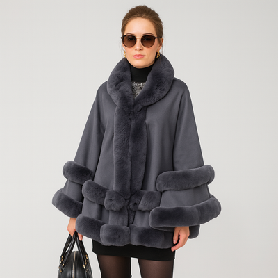 Pelzbesetzter Poncho | Kunstpelz | Poncho | Pelzschal | Damenumhang