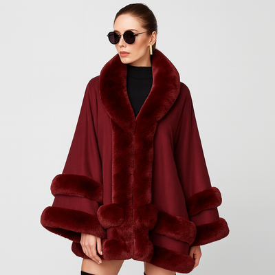 Pelzbesetzter Poncho | Kunstpelz | Poncho | Pelzschal | Damenumhang