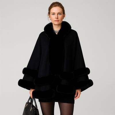 Pelzbesetzter Poncho | Kunstpelz | Poncho | Pelzschal | Damenumhang