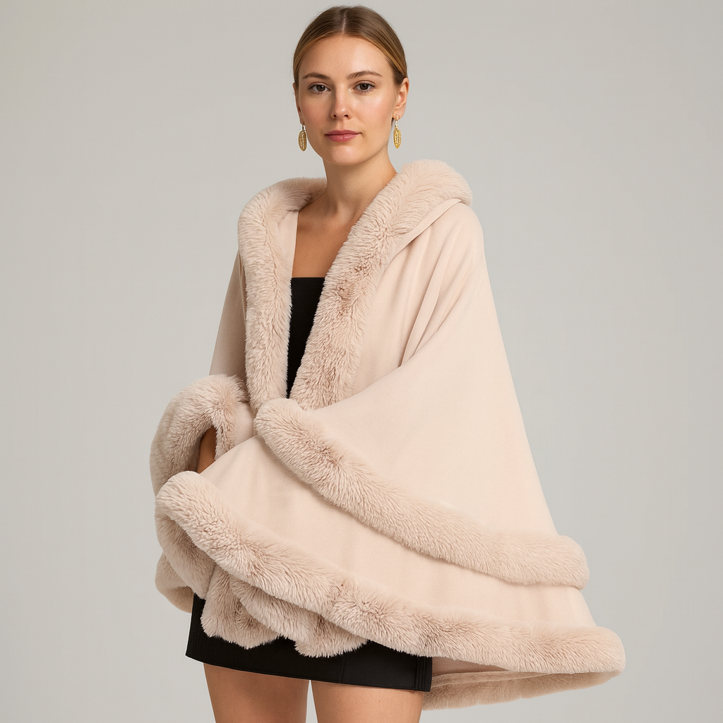 Pelzbesetzter Poncho | Kunstpelz | Poncho | Pelzschal | Damenumhang