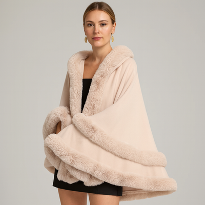 Pelzbesetzter Poncho | Kunstpelz | Poncho | Pelzschal | Damenumhang