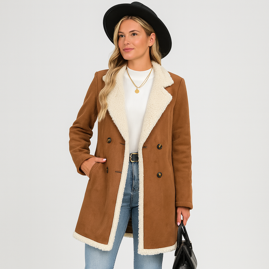 Sherpa-gefütterte Jacke – Brauner Wintermantel für Damen mit doppelter Knopfleiste
