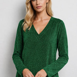 Grüne Bluse – Weite Ärmel – Glitzernd – Bluse mit V-Ausschnitt – Damenbekleidung-Fashion Peak