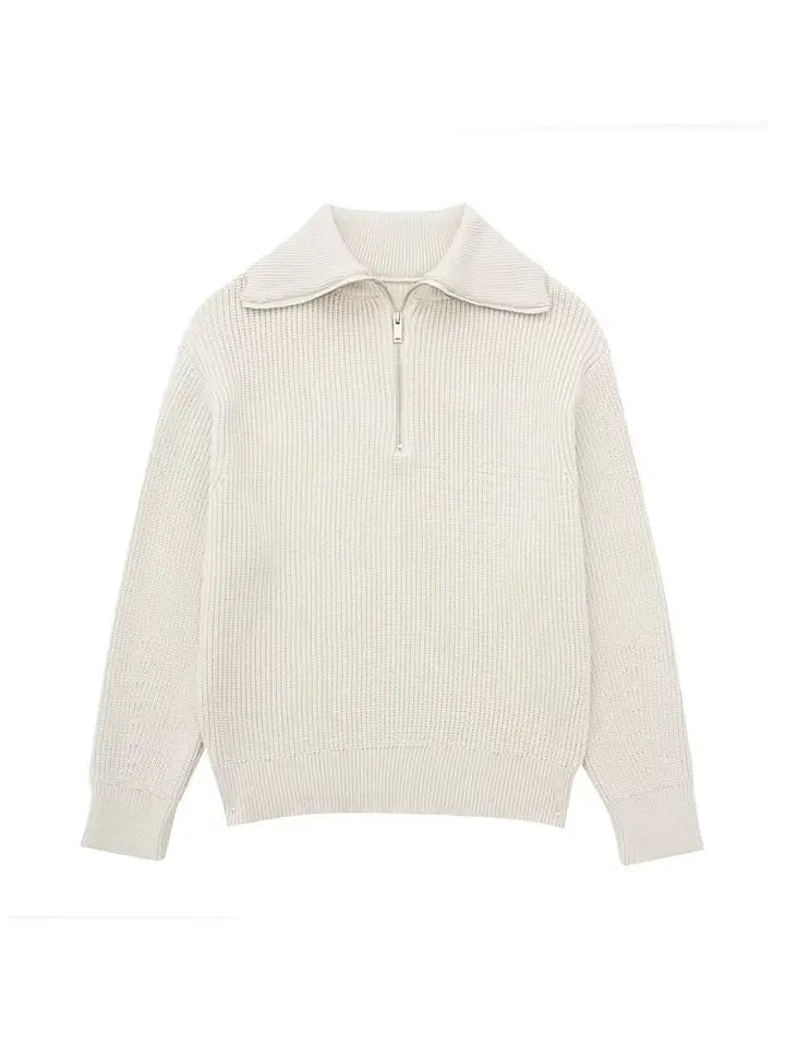 Halb-Reißverschluss-Pullover – Rippstrick – Locker sitzend – Strickpullover – Damenbekleidung