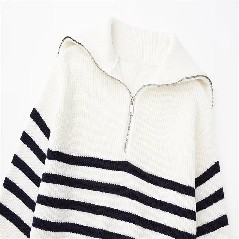 Halb-Reißverschluss-Pullover – Rippstrick – Locker sitzend – Strickpullover – Damenbekleidung