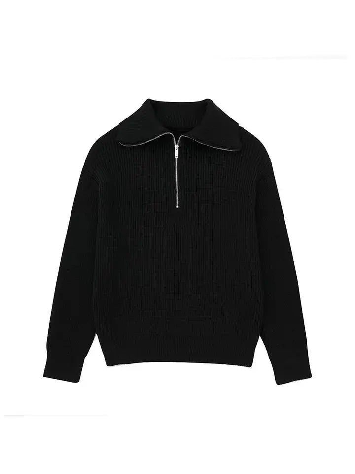 Halb-Reißverschluss-Pullover – Rippstrick – Locker sitzend – Strickpullover – Damenbekleidung