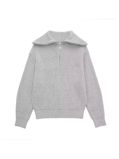 Halb-Reißverschluss-Pullover – Rippstrick – Locker sitzend – Strickpullover – Damenbekleidung