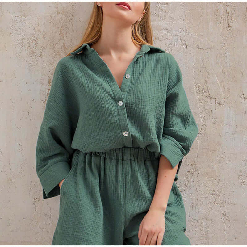 Zweiteiliges Leinen Set | Button-Up | Sommer | Shorts und Shirt Set | Leinen Co-Ord Set Frauen