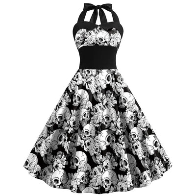 Halloween Kleid - Damen ärmelloses Midi Totenkopf Kleid für Halloween