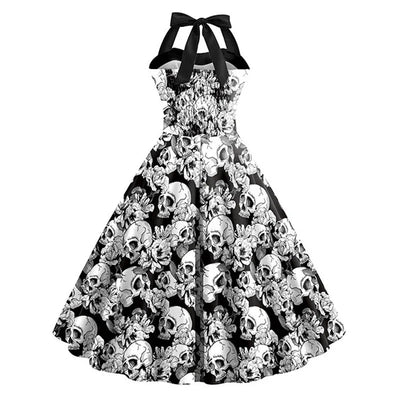 Halloween Kleid - Damen ärmelloses Midi Totenkopf Kleid für Halloween