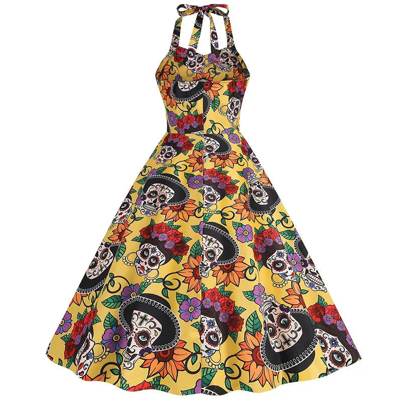 Halloween Kleid - Damen ärmelloses Midi Totenkopf Kleid für Halloween