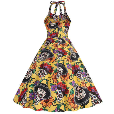Halloween Kleid - Damen ärmelloses Midi Totenkopf Kleid für Halloween