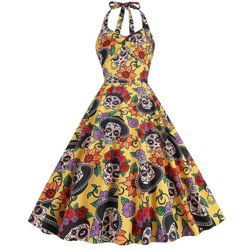 Halloween Kleid - Damen ärmelloses Midi Totenkopf Kleid für Halloween
