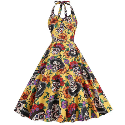 Halloween Kleid - Damen ärmelloses Midi Totenkopf Kleid für Halloween