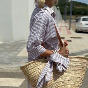 Hemdkleid – Gestreiftes Sommer-Maxikleid mit langen Ärmeln-Fashion Peak