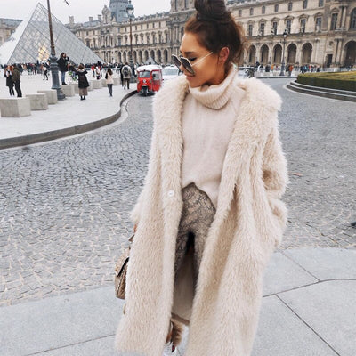 Kunstpelzmantel | Winter | Cremefarben | Kunstpelzjacke | Langer Damenmantel