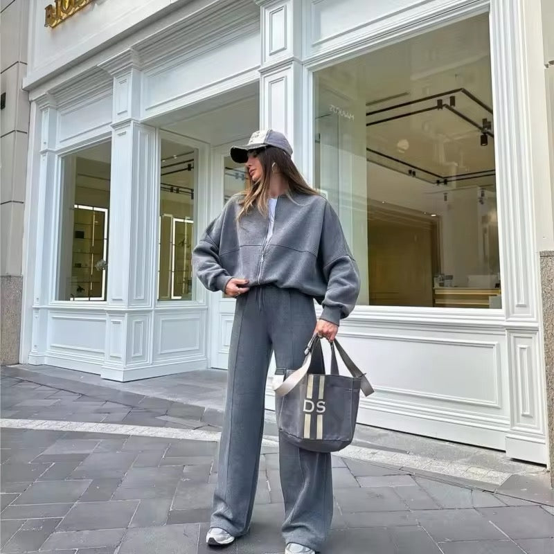 Trainingsanzug für Frauen - Sweatshirt mit Reißverschluss und Jogginghose mit weitem Bein - Zweiteiliges Set