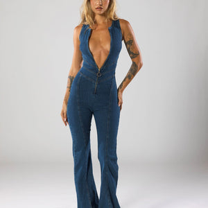 Jeansoverall – Ärmelloser Overall mit Reißverschluss vorne und ausgestelltem Bein für Damen-Fashion Peak