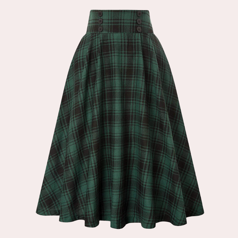 Karierter Rock - Hochtaillierter karierter Midi-Glockenrock für Damen-Fashion Peak-Grün-XS-Fashion Peak