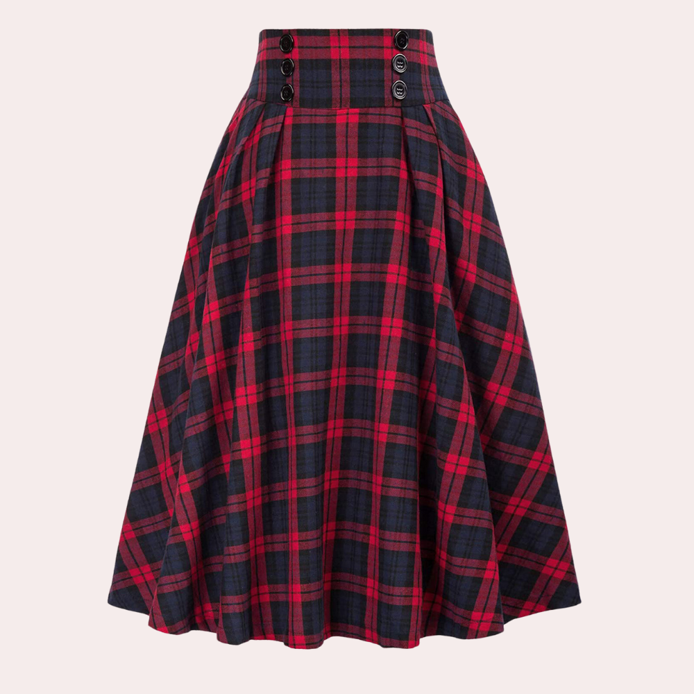Karierter Rock - Hochtaillierter karierter Midi-Glockenrock für Damen-Fashion Peak-Rot-XS-Fashion Peak