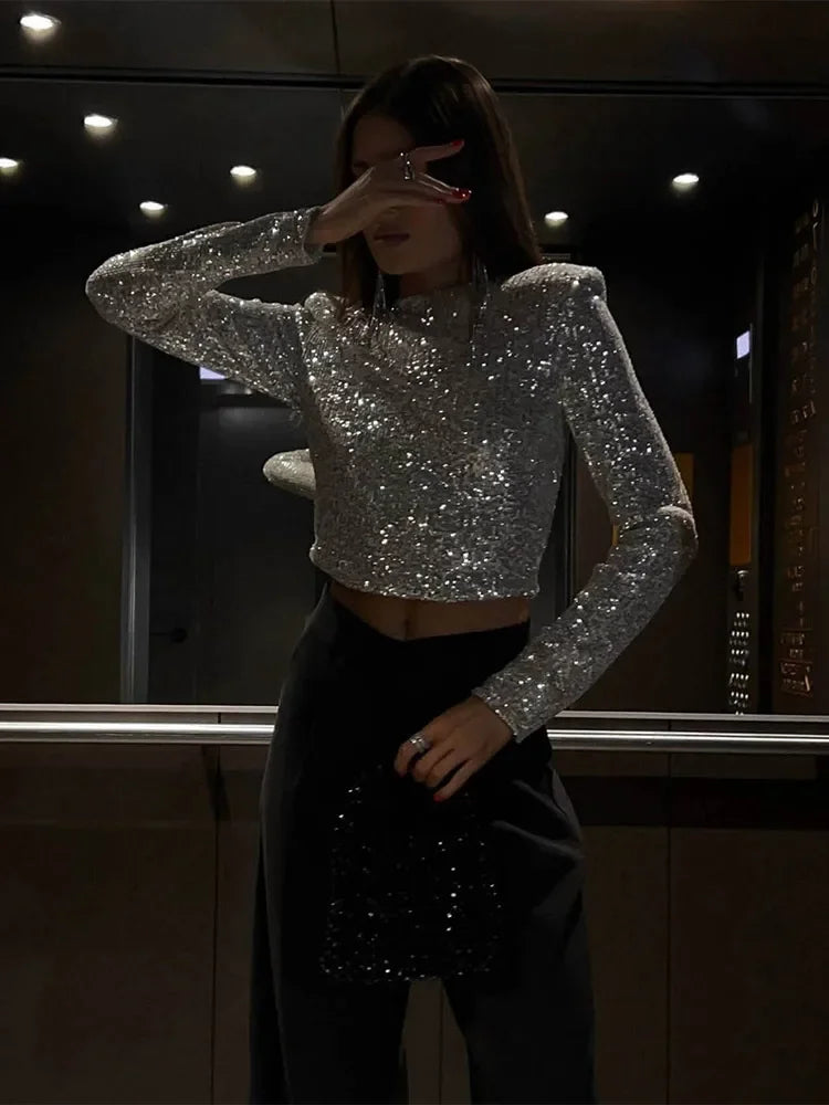 Glitzerndes Top - Geschnitten - Lange Ärmel - Pailletten-Top - Party-Top