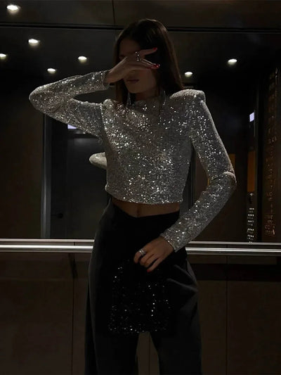 Glitzerndes Top - Geschnitten - Lange Ärmel - Pailletten-Top - Party-Top