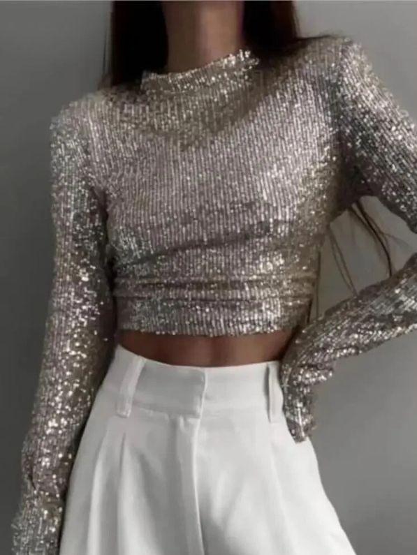 Glitzerndes Top - Geschnitten - Lange Ärmel - Pailletten-Top - Party-Top