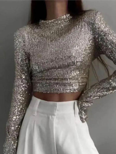 Glitzerndes Top - Geschnitten - Lange Ärmel - Pailletten-Top - Party-Top