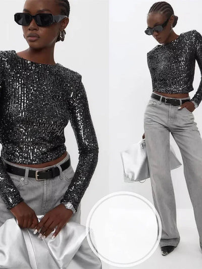 Glitzerndes Top - Geschnitten - Lange Ärmel - Pailletten-Top - Party-Top