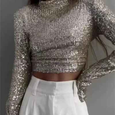 Glitzerndes Top - Geschnitten - Lange Ärmel - Pailletten-Top - Party-Top
