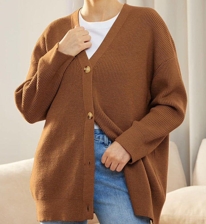 Übergroßer Strickcardigan – V-Ausschnitt – Knopfleiste – Strickcardigan – Damenstrickmode