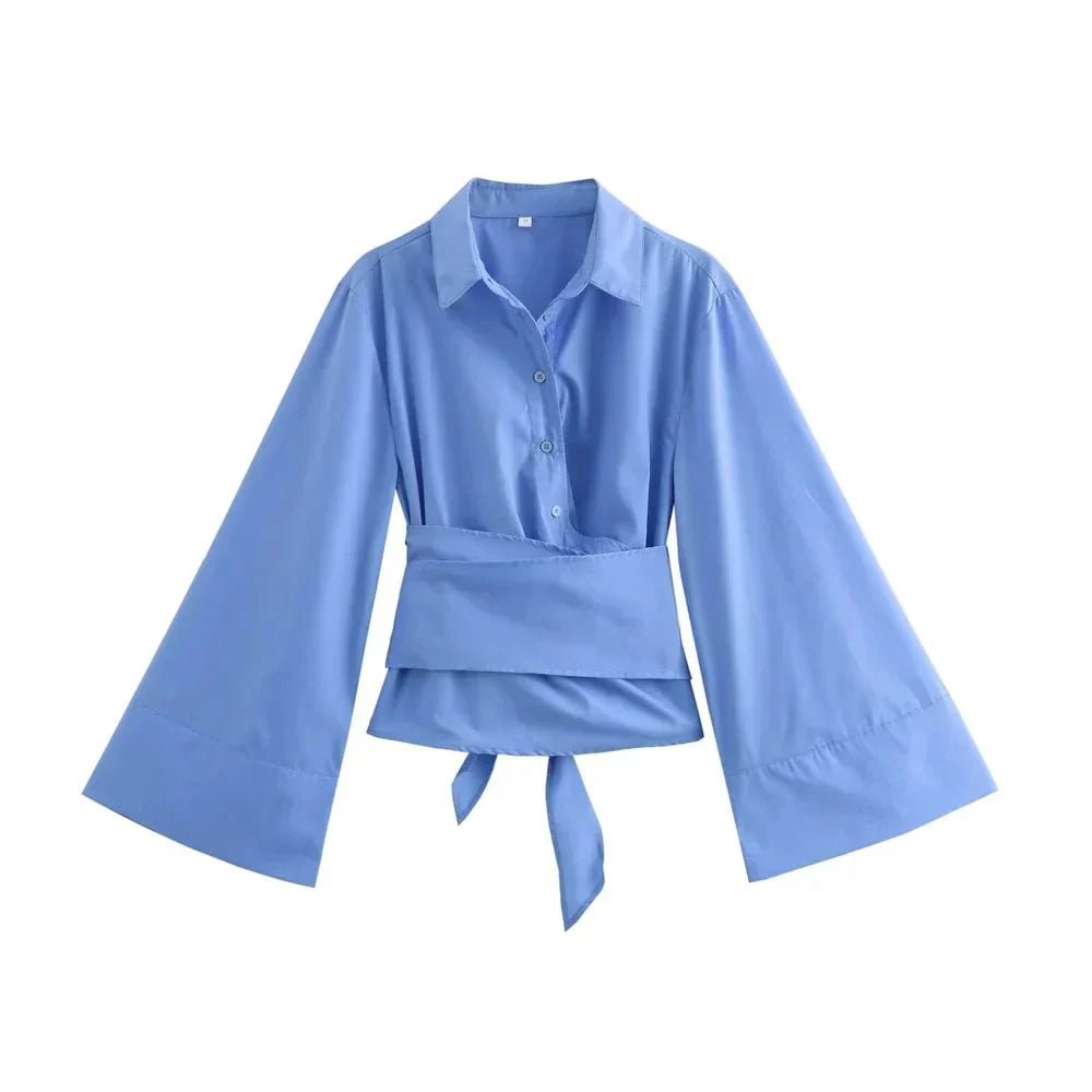 Kimono-Bluse | Langarm | Knopfleiste | Wickeloberteil | Damenhemd-Bluse-Fashion Peak-Blau-XS-Fashion Peak