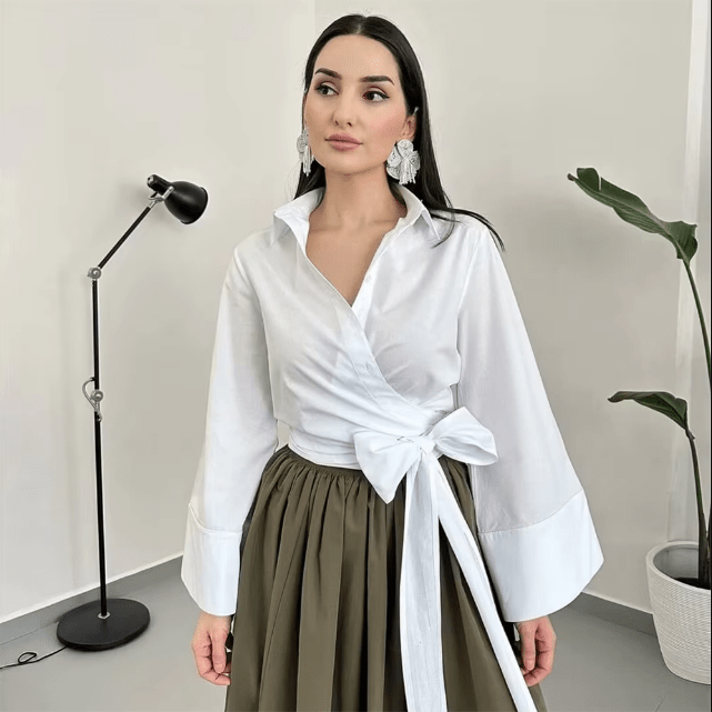 Kimono-Bluse | Langarm | Knopfleiste | Wickeloberteil | Damenhemd-Bluse-Fashion Peak-Fashion Peak