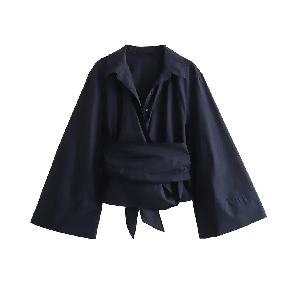 Kimono-Bluse | Langarm | Knopfleiste | Wickeloberteil | Damenhemd-Bluse-Fashion Peak-Marineblau-XS-Fashion Peak
