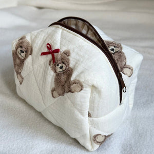Kosmetiktasche | Gesteppt Teddy Print | Creme mit Schleife-Fashion Peak