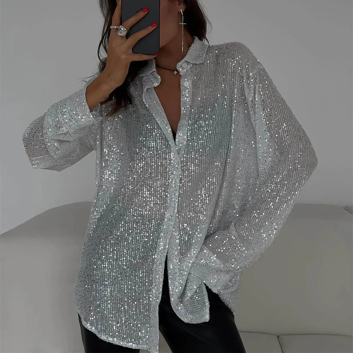 Langärmliges Pailletten-Glitzertop-Sparkle Holiday Collection-Fashion Peak-Silber-XS-Fashion Peak