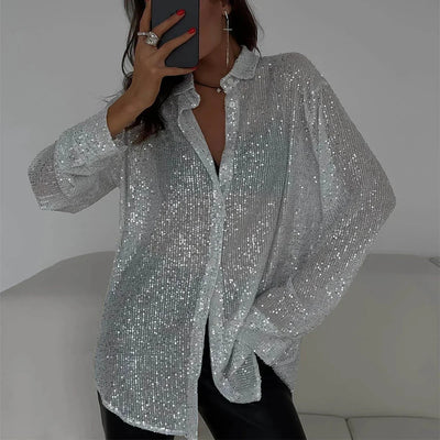 Langärmliges Pailletten-Glitzertop-Sparkle Holiday Collection-Fashion Peak-Silber-XS-Fashion Peak