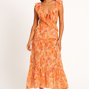 Maxi-Sommerkleid – Orange – Ärmellos – Cut-Out-Kleid – Rüschen-Kleid-Fashion Peak