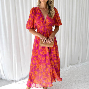 Midikleid | Chiffon | Blumenmuster | V-Ausschnitt | Sommer-Fashion Peak