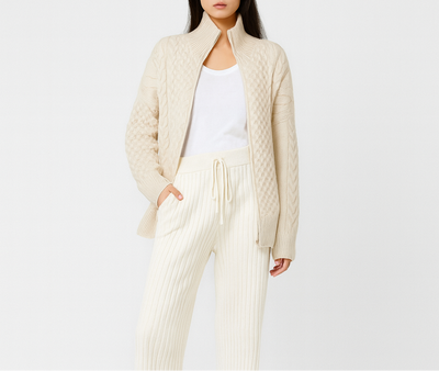 Strickjacke – Damencremefarbene Oversize-Strickjacke mit Reißverschluss
