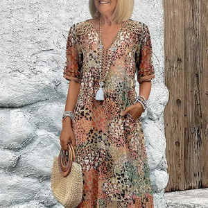 Mittellanges Kleid – Bedruckt – Halblange Ärmel – A-Linien-Kleid – Sommerkleid-Fashion Peak