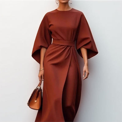 Maxikleid | Weite Ärmel | Bootsausschnitt | Langärmeliges Kleid | Wickelkleid