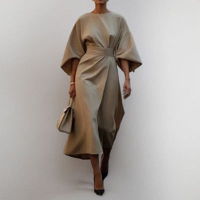 Maxikleid | Weite Ärmel | Bootsausschnitt | Langärmeliges Kleid | Wickelkleid